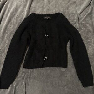 Almost Famous Black Heart-Button Cropped Cardigan
